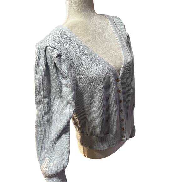 Abercrombie & Fitch Rib Knit Puff-Sleeve Cardigan Sweater Light Blue Women’s XL - Picture 3 of 5